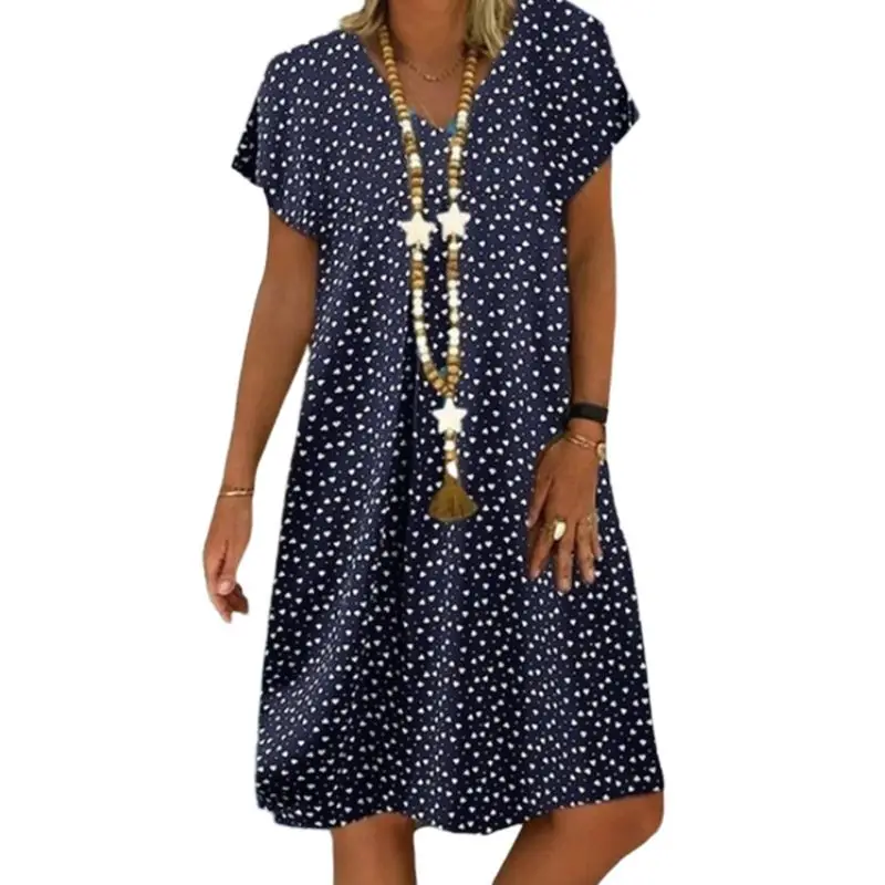 

Women Summer Short Sleeve V-Neck Loose Midi Dress Heart Printed Sundress S-5XL