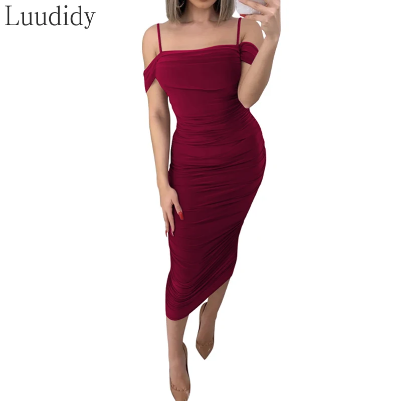 

Women Sexy Cold Shoulder Spaghetti Strap Ruched Party Dress