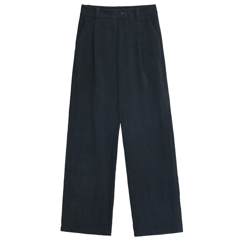 [EAM] Corduroy Pleated Black Wide Leg High Waist Trousers New Loose Fit Pants Women Fashion Tide Spring Autumn 2021 1DD3674