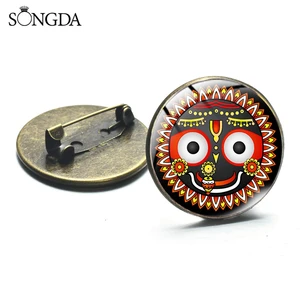 India Hindu God Jagannath Photo Glass Cabochon Brooch Pin Cartoon Face Religious Brooch For Women Men Gift Jewelry