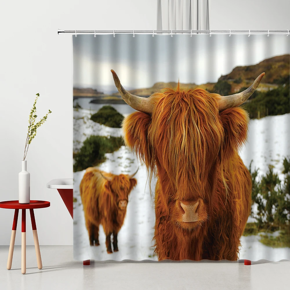

Cow Shower Curtain Country Farm Animal Pattern Polyester Washable Bathtub Screen Home Supplies Set With Hook Bathroom Curtains
