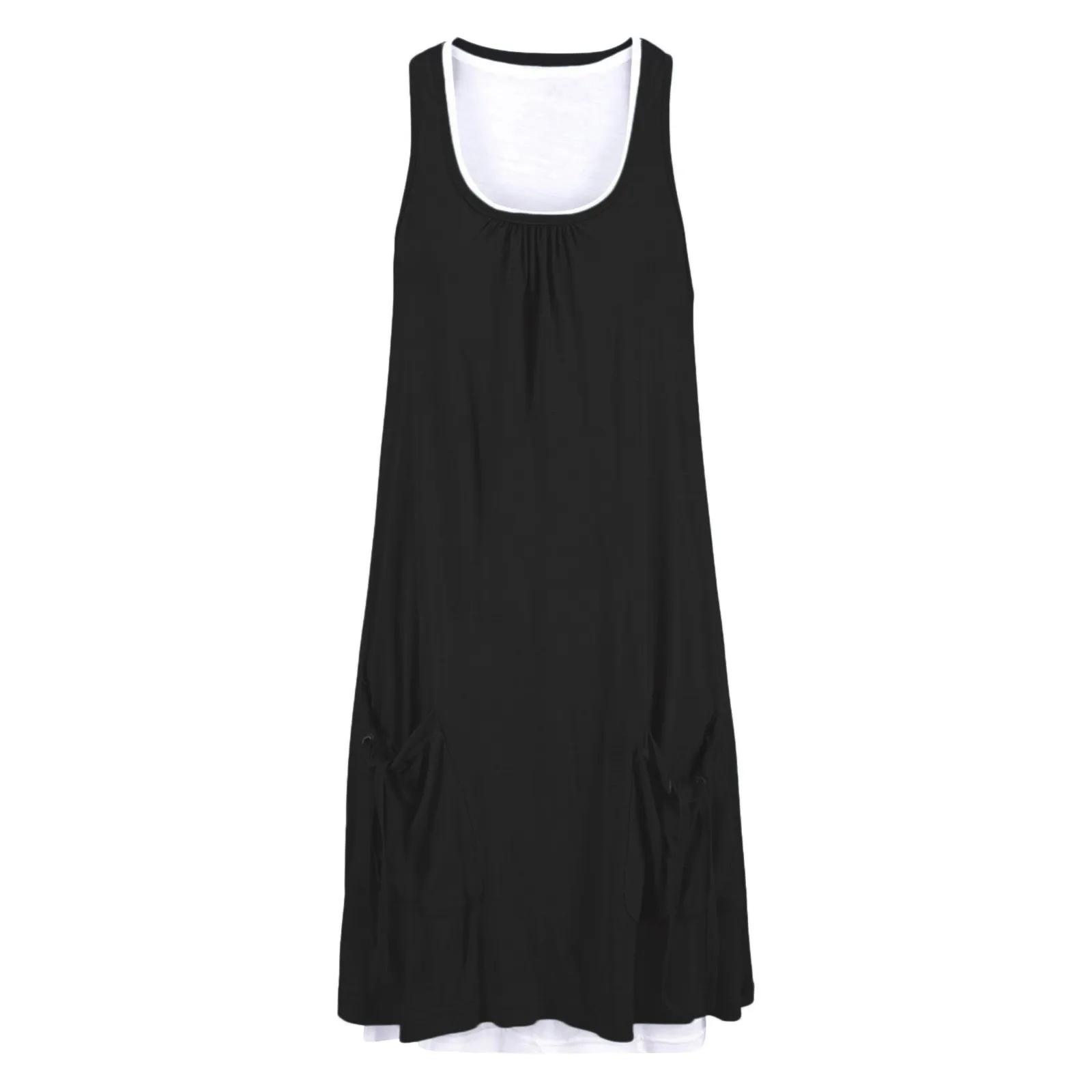 

40# Splicing Ruffle Dress Summer Loose Tank Dress O Neck Sleeveless Causal Summer Dress Women Pockets Above Knee Dress Vestidos