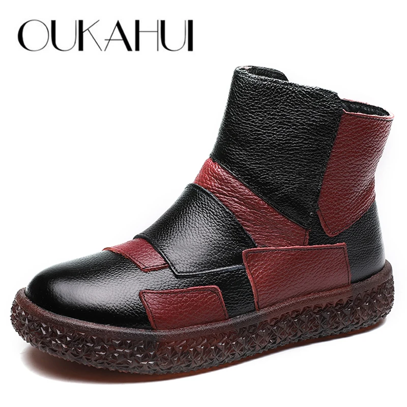 

OUKAHUI Winter Vintage Genuine Leather Mixed Colour Short Ankles Boots Woman With Plush Spring Warm Casual Flat Ladies Boots