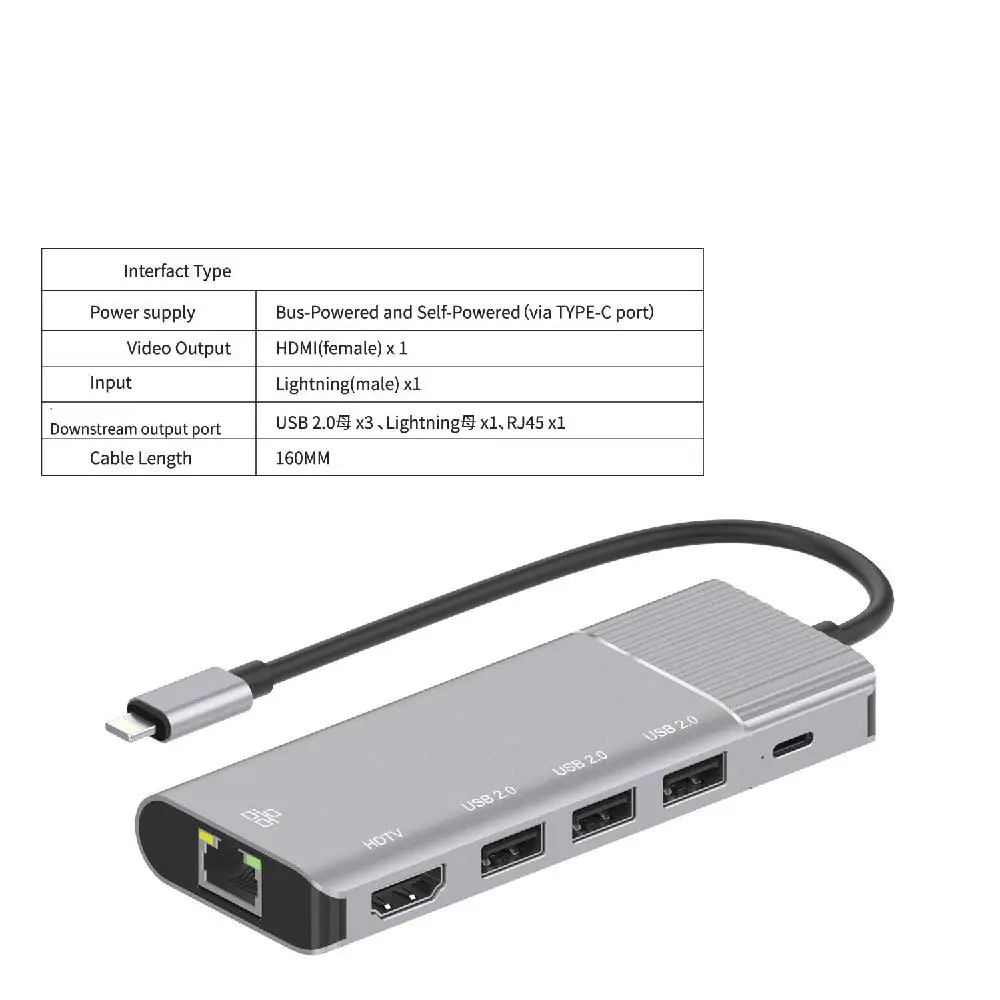 Док-станция 6-в-1 с 3 портами Lightning на сетевую карту RJ45/HDMI USB2.0hub/многофункциональная