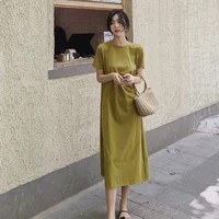 2022 fashion women summer long dress o neck casual cotton split vintage pleated streetwear yellow green mid calf clothes female