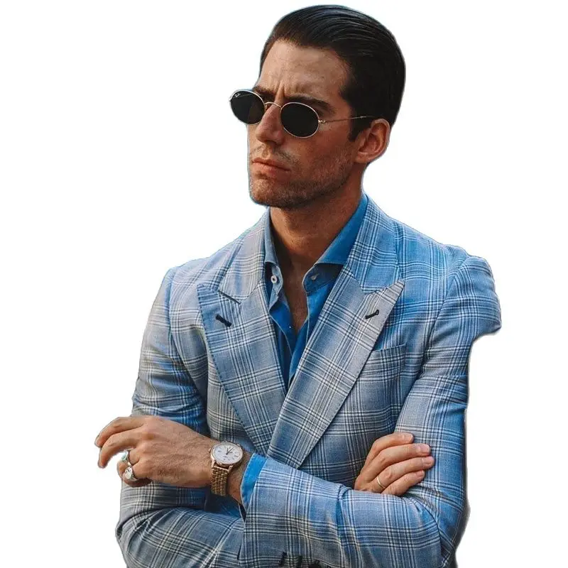 

New Arrival Blue Plaid Peaked Lapel Double-breasted Slim Fit Men Suits Tailor-Made Fashion Groom Tuxedos Wedding Causal Wear