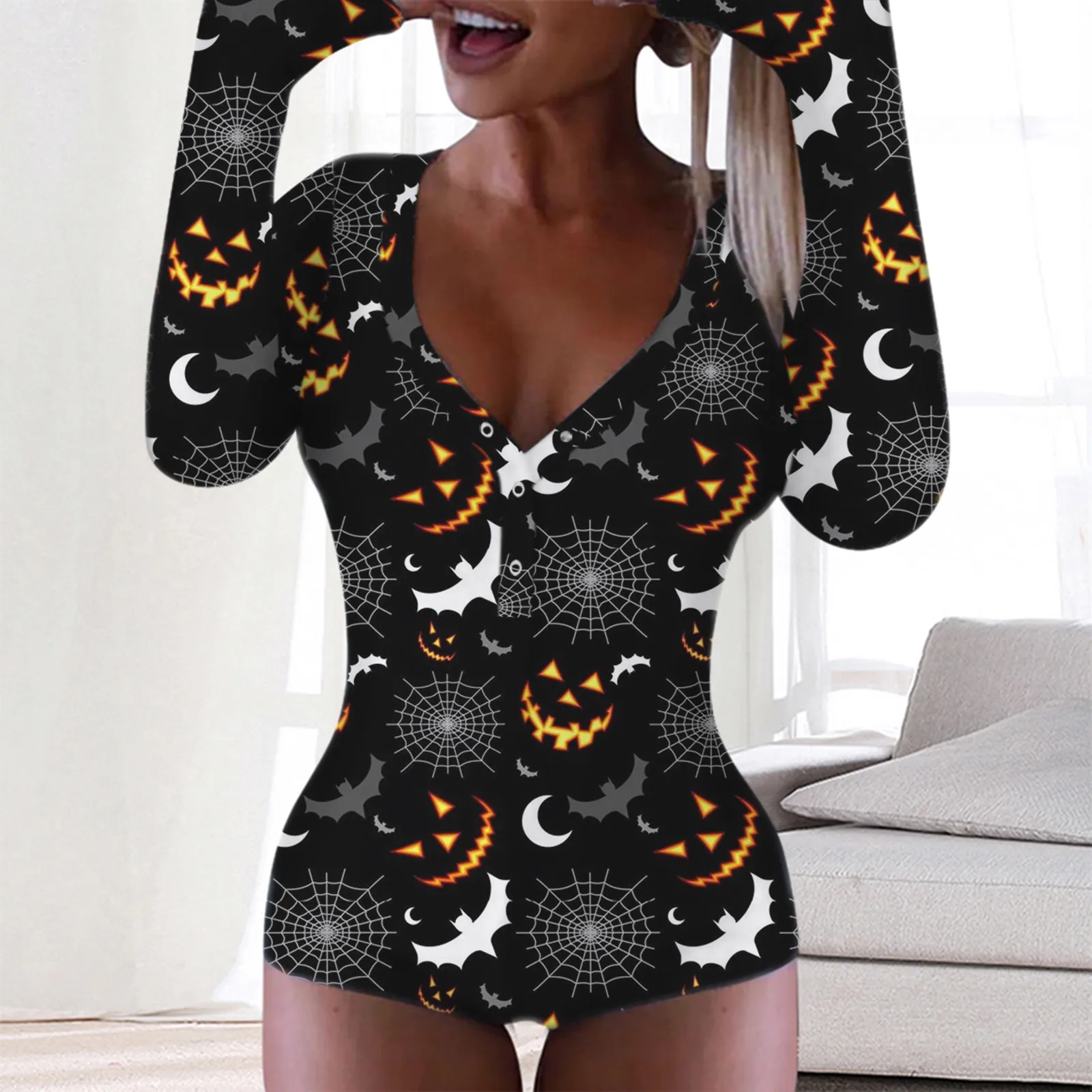 

Sexy Women Bodysuit Long Sleeve Deep V Neck Bodycon Slim Leotard Bodysuit Button Short Pajama Women Sleepwear Jumpsuit Lingerie