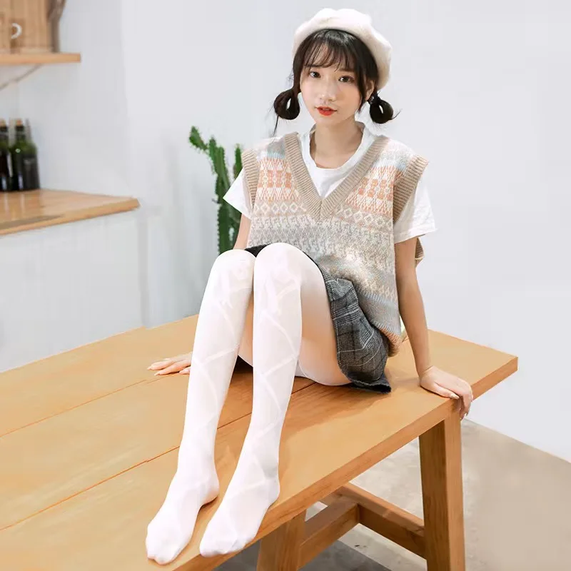 Милые женские Лолита Белые колготки в полоску нейлоновые чулки Kawaii для девочек