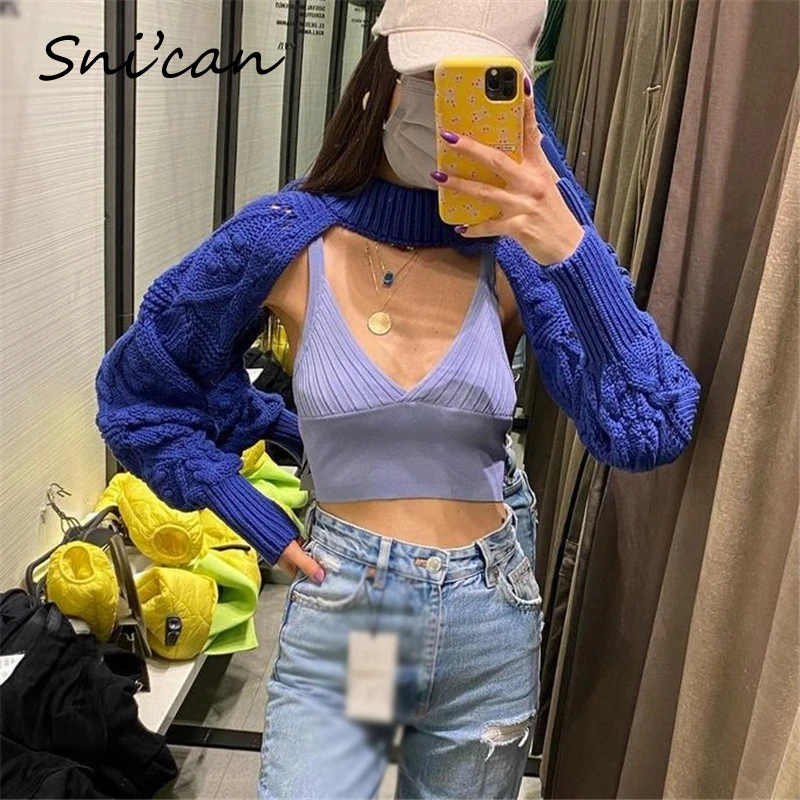 

Snican Spring Solid Long Sleeve Sweater Pullover Cable Knitted Sexy Crop Tops Fashion Casual Pull Femme Shawl Sueter Feminino