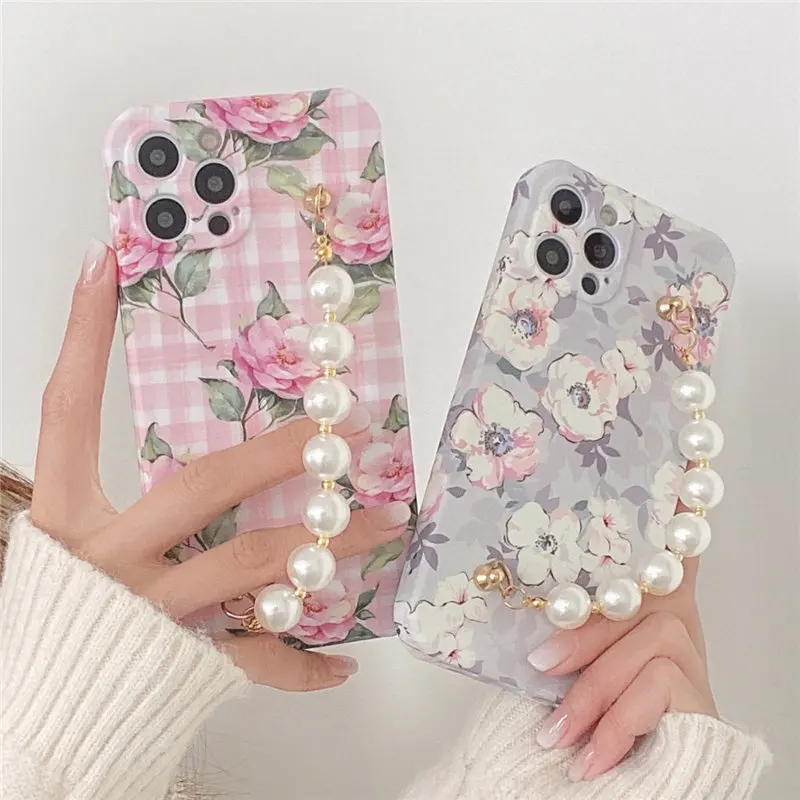 

Wrist Band Silicon Cover For iPhone 12 Pro Max Cute Flower Pearl Chain Phone Case For iPhone 11 Pro Max XR XS Max 7 8 Plus X