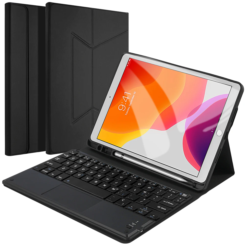 Для iPad 10 2 2019 сенсорная Bluetooth испанская клавиатура + черный кожаный чехол защитный