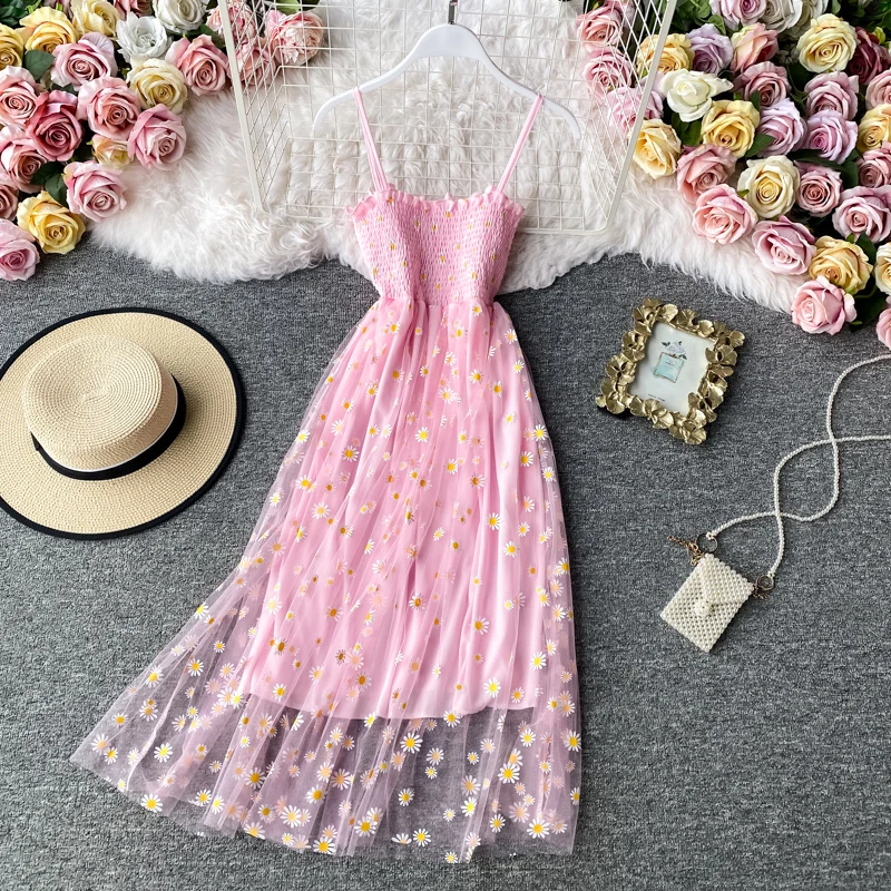

Women Dress daisy Print Dresses Summer Sexy Lace Mesh Dress Spaghetti Strap Ruched Floral Vestidos Korean Style Long Dress