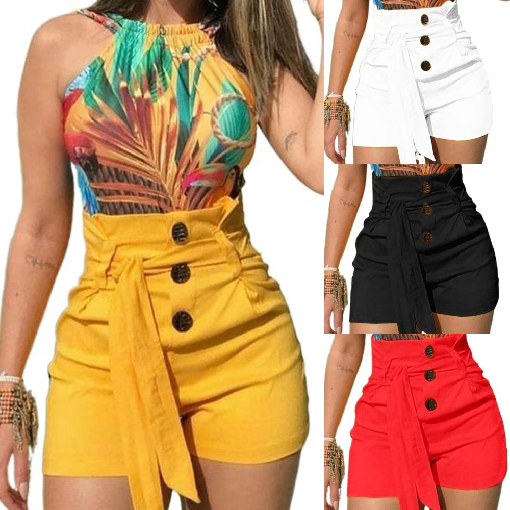 

Women Shorts High Waist Buttons Sashes Elegant Zipper Lace-up Skinny Shorts Solid Plus Size Pockets Summer Casual Trouses