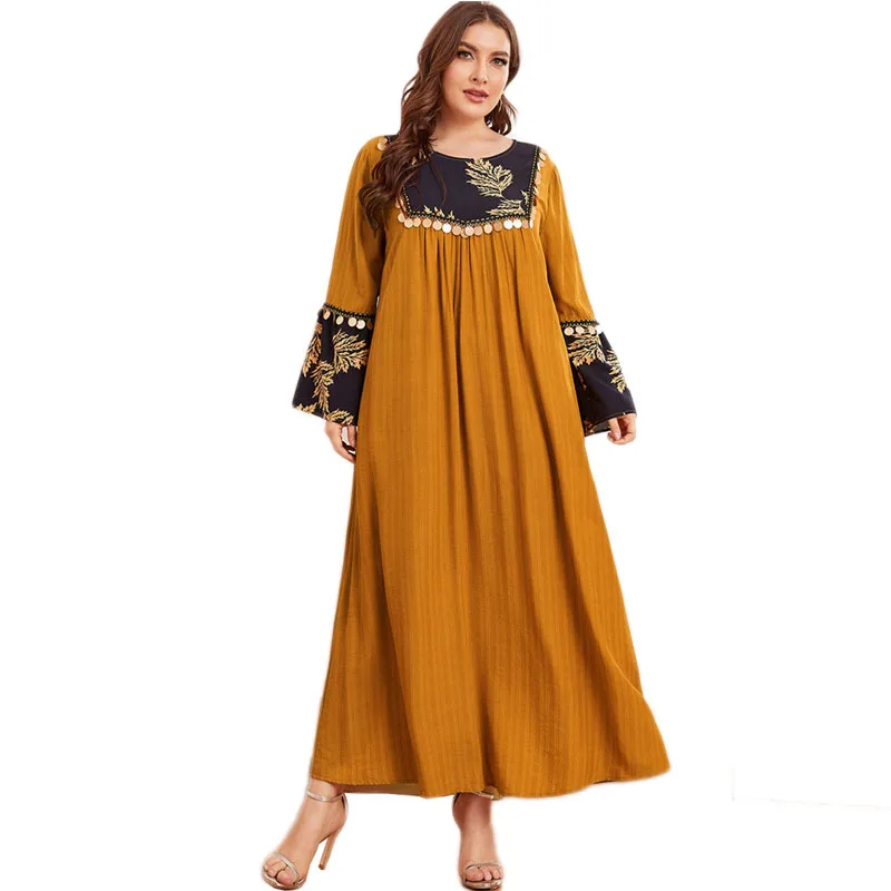 Этническое мусульманское женское длинное платье, элегантный кафтан с блестками и кисточками, длинное платье, повседневное свободное плать...
