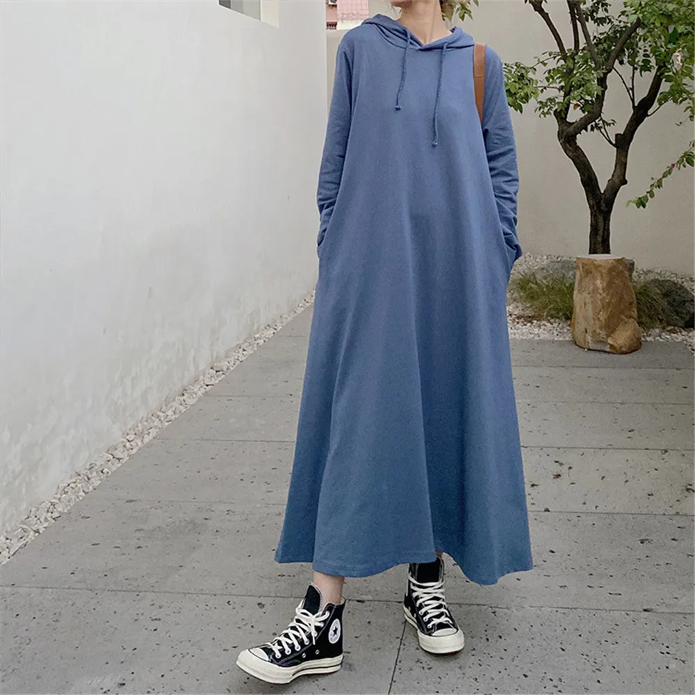 Женское платье-свитер с капюшоном свободное однотонное длинное платье в