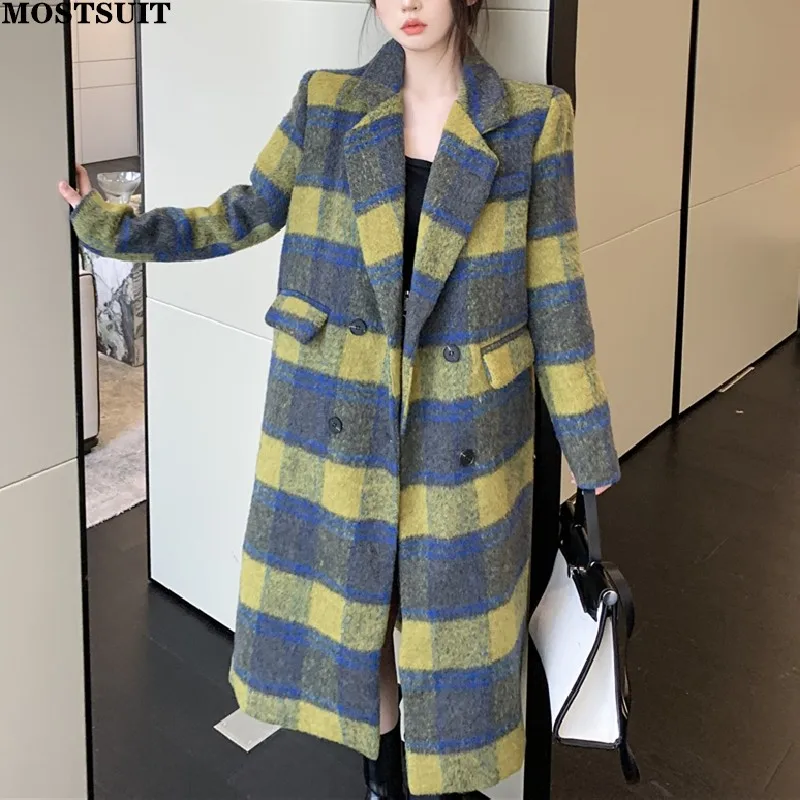 

Wool & Blends Thick Warm Plaid Long Coat Women Autumn Winter Full Sleeve Double-breasted Vintage Fashion Ladies Outwear Overcoat