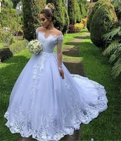 modest long sleeve illusion puffy wedding dresses 2020 garden sheer off shoulder appliqued long bride wedding gowns