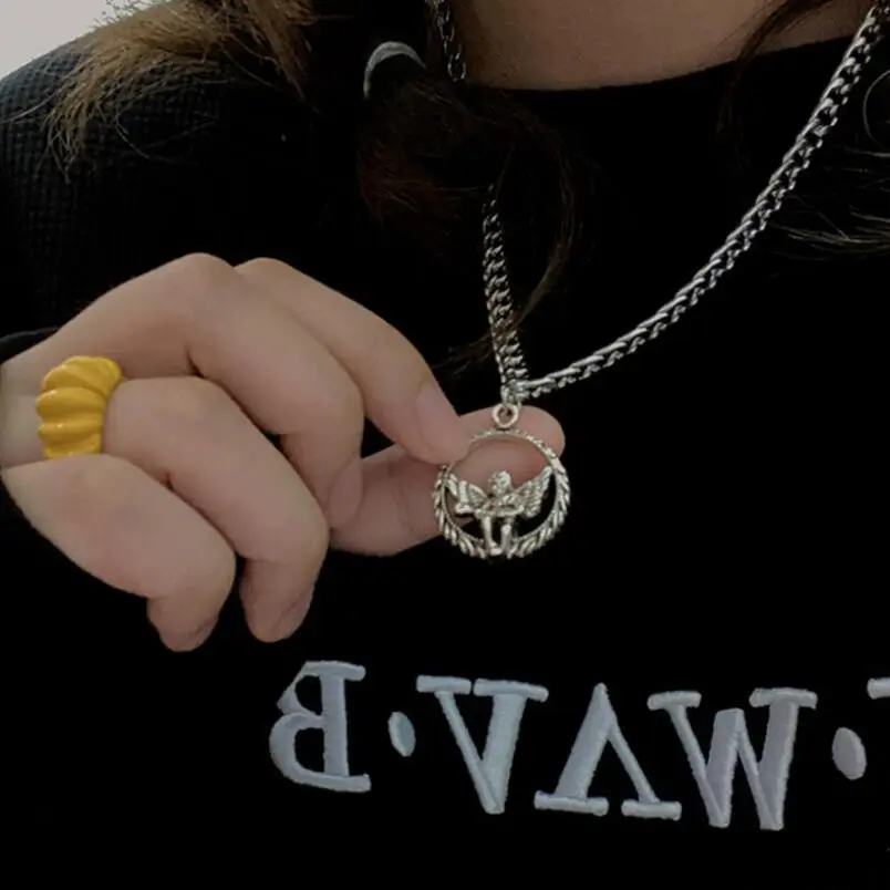 

Vintage Angel Round Pendant Necklace for Women Men Silver Color Retro Neck Chains Long Necklace Collar Goth Gothic Punk Jewelry