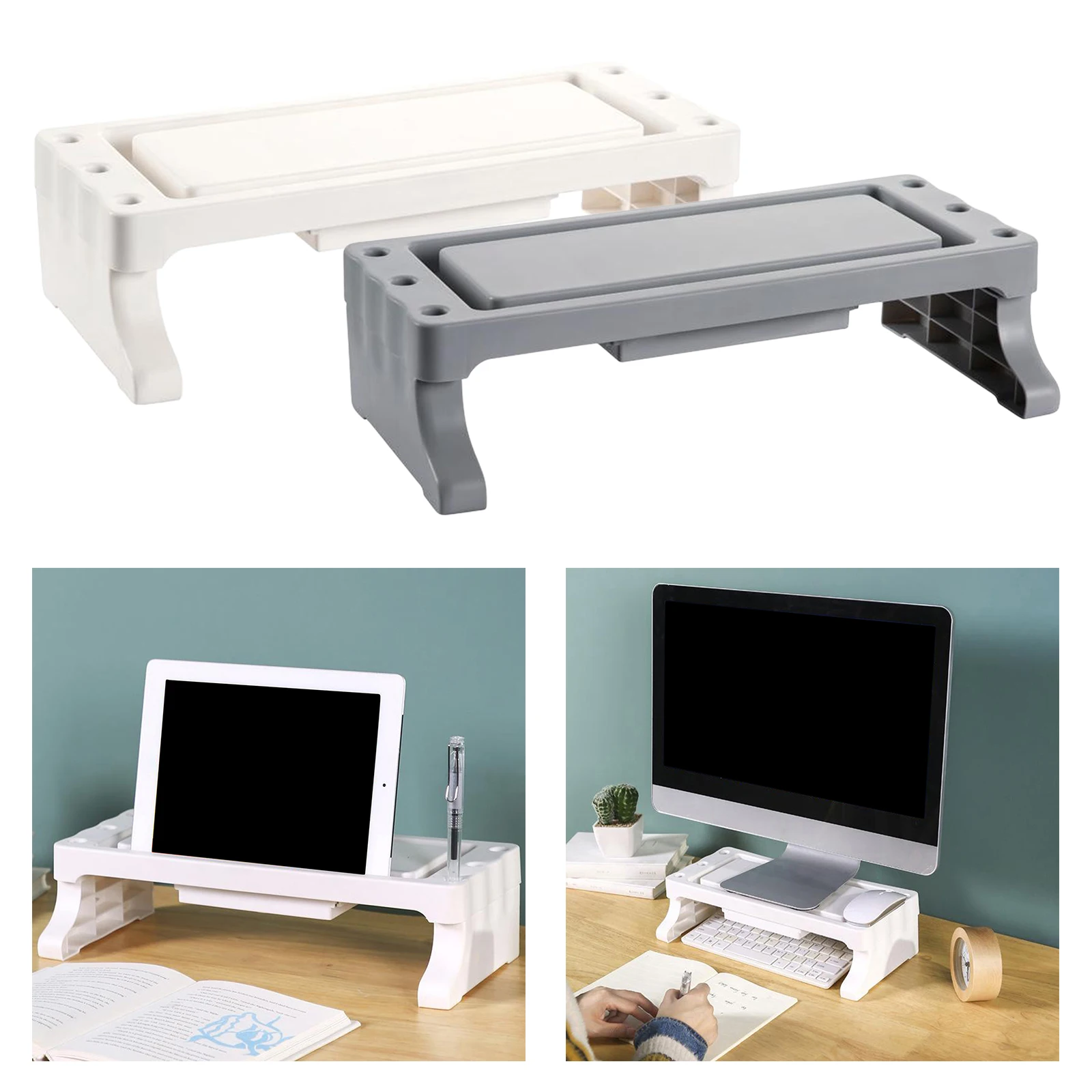 

Desktop Monitor Stand Riser Holder Bracket Multi-function with Drawers Storage Organizer for Home Office PC Laptop