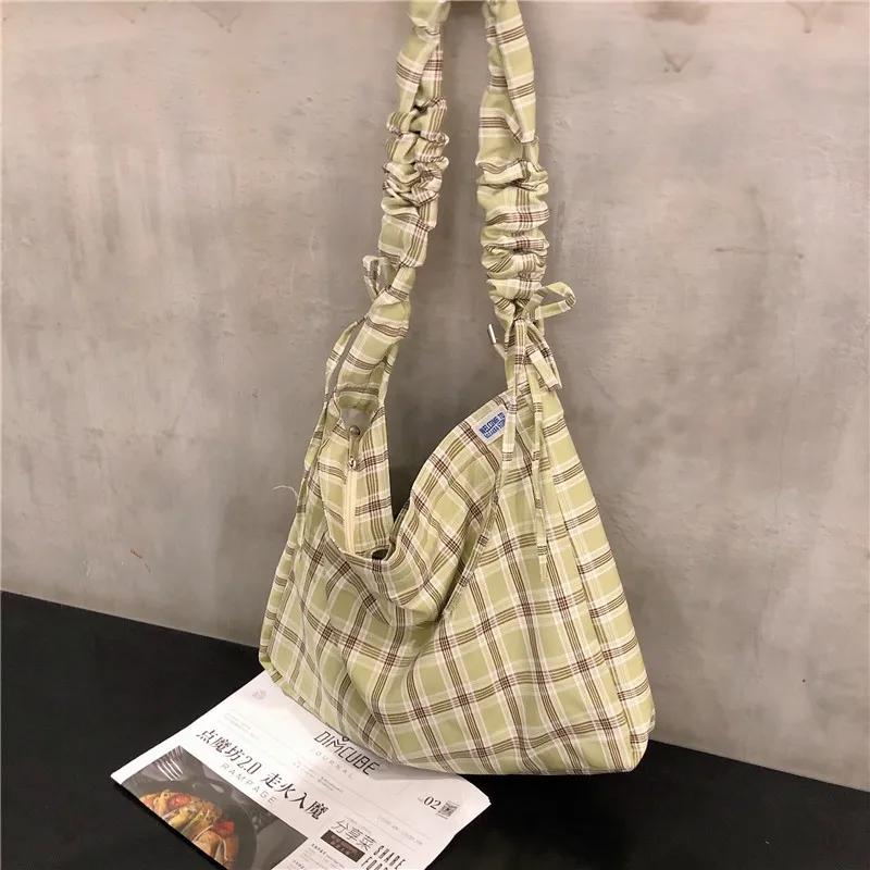 2019 plaid dress Korea Ladies Handbags Canvas Tote Bag Travel Women Eco Reusable Shoulder Bags bolsas green Large Capacity |