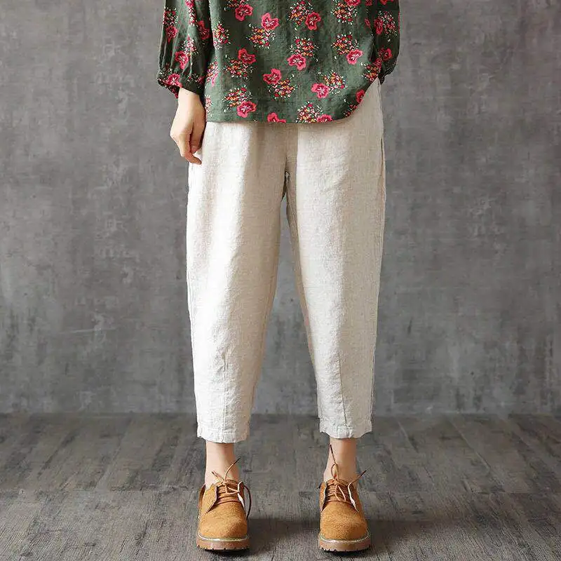 

Shimai Vintage Plus Size Cotton Women Pants Summer Elastic Waist Loose Casual Korean Pants Women's Pocket Cotton Linen Trousers