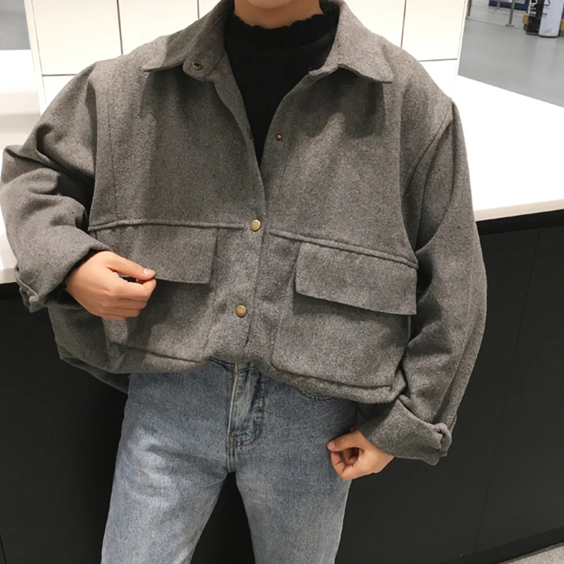 

Basic Jackets Women Pockets Khaki Turn-down Collar Batwing Sleeve Solid Simple Harajuku Couples Oversize Streetwear Simple Chic