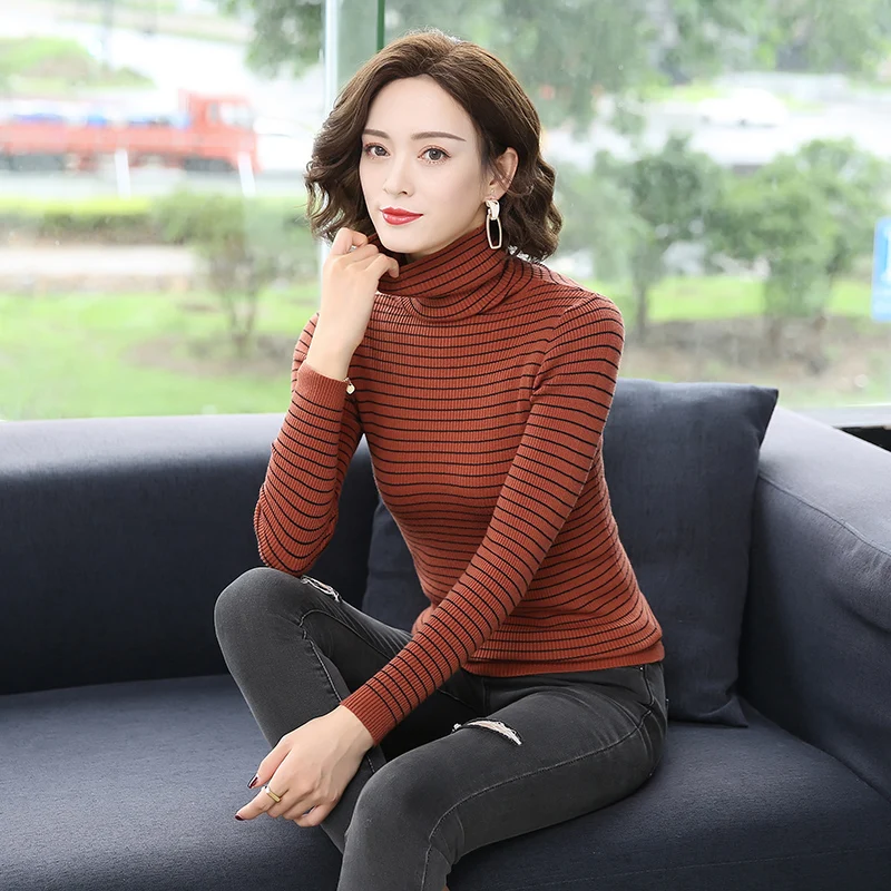 Women Turtleneck Cashmere Sweaters Elegant Lady High Collar Striped Slim Basic Sweater Pullovers | Женская одежда