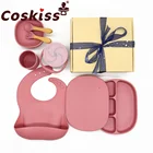 Детская посуда Coskiss, детская чашка, тарелка, блюдца, ложка для кормления, силиконовый набор, Детская Чаша для дозирования, нагрудники без БФА