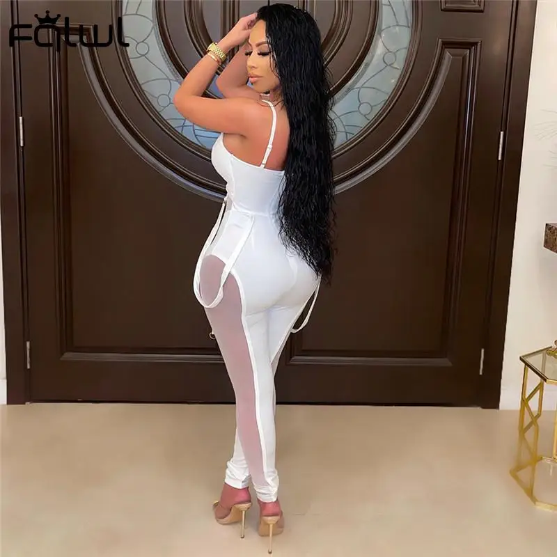 

Habbris Summer Clubwear White Jumpsuits Women Sleeveless Cami Straps Backless Bodycon Jumpsuit Sexy See Through One Piece Outfit