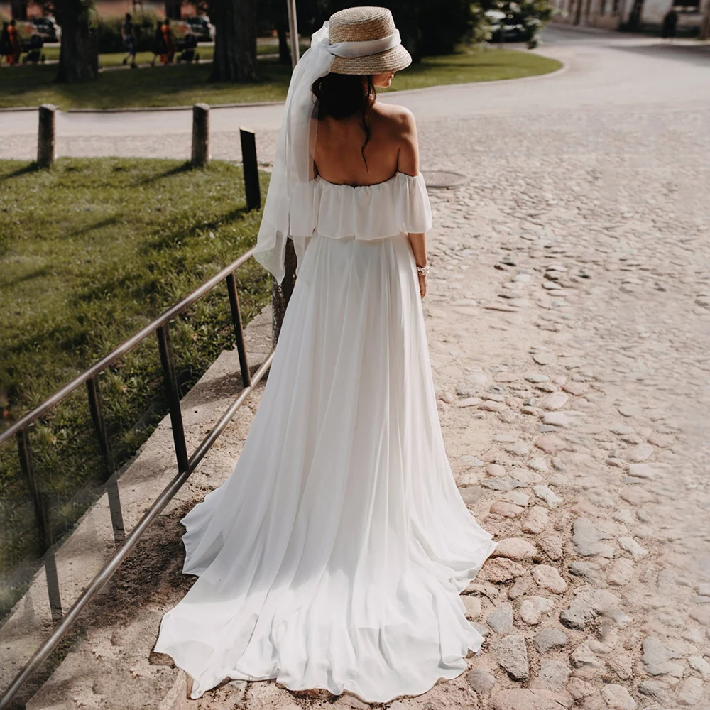

Summer Boho Chiffon Slit Wedding Dress 2021 Sexy Sweetheart Sweep Train Off the Shoulder Backless Bridal Gowns