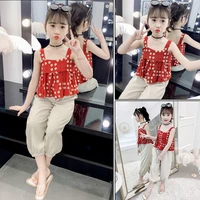 childrens summer clothing suits 2020 new girls fashion polka dots printing sleeveless camisole loose solid color trousers set