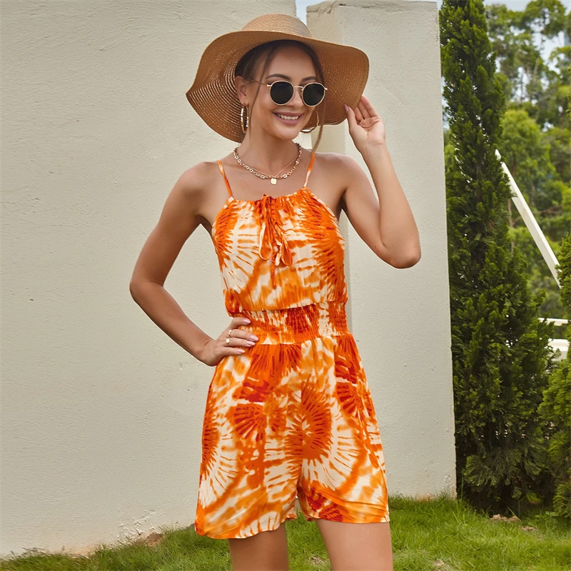 

2021 Fashion New Hot Sale Sexy Suspender Jumpsuit Women's Suit Summer Cotton Print Trend Orange Short One-Piece Suit Women