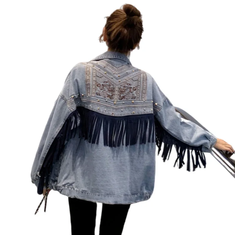 

Autumn Embroidery Tassels Loose Blue Chaqueta Mujer Coat Female Jaket Women Jeans Denim Jean Streetwear Jackets For Boyfriend