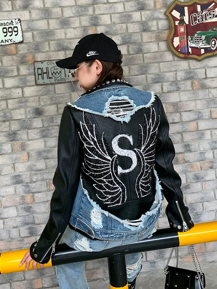 Женская джинсовая куртка с заклепками Вечерние черные Куртки из искусственной