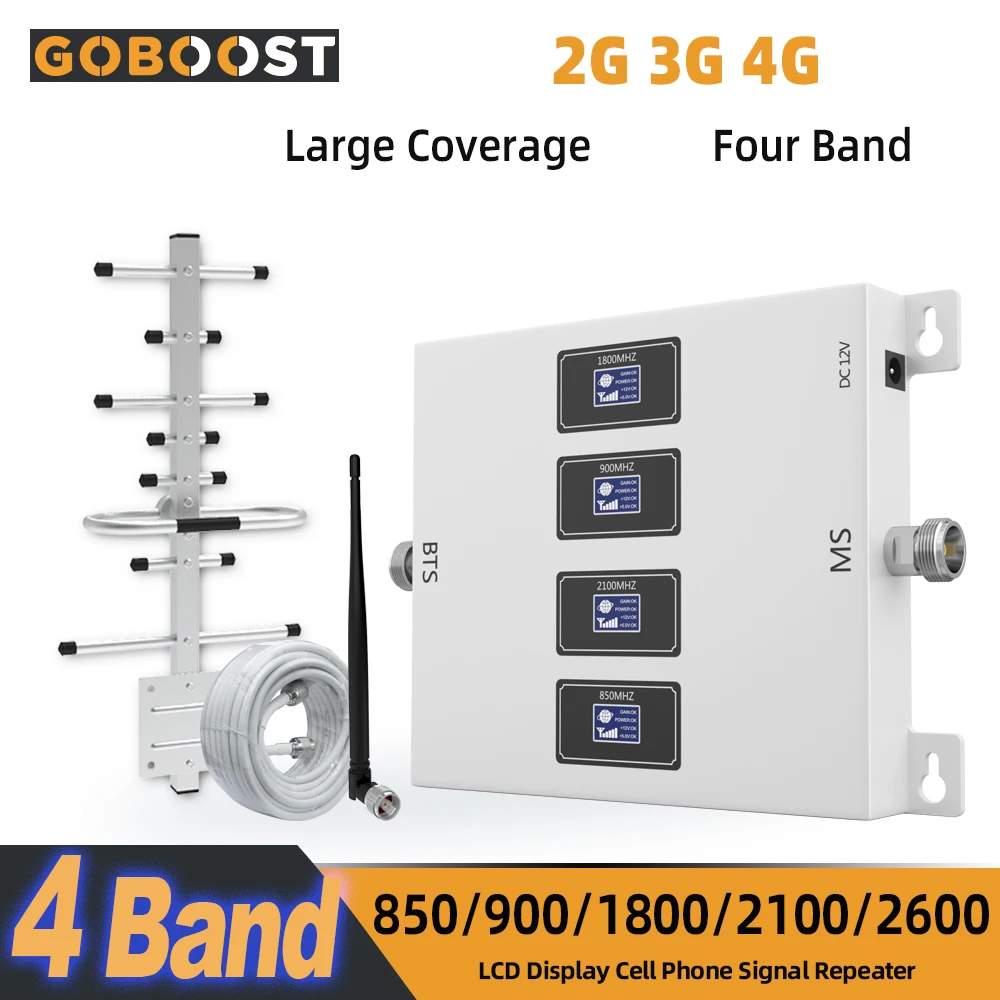

GOBOOST Signal Booster 2G 3G 4G DCS 1800 Signal Amplifier GSM 900 LTE 800 UMTS 2100 Repeater 4g Cellular Cell Boosters Kit 70dB