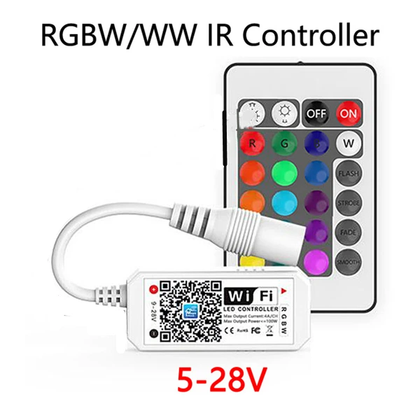 

DC12V RGBW/RGBWW Wi-Fi светодиодный контроллер с ИК-пультом дистанционного управления 24 клавиши 5-контактная связь для светодиодных лент RGBW