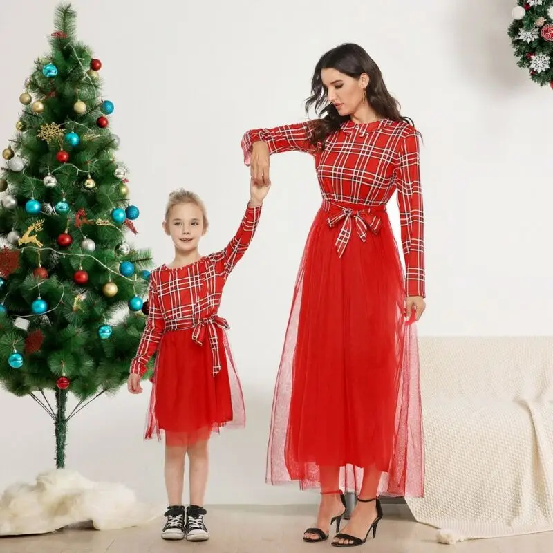 Goocheer Summer Cotton Fashion Cute Family Matching Clothes Mother&ampDaughter Dress Mom Girl Plaids Bow Maxi | Мать и ребенок