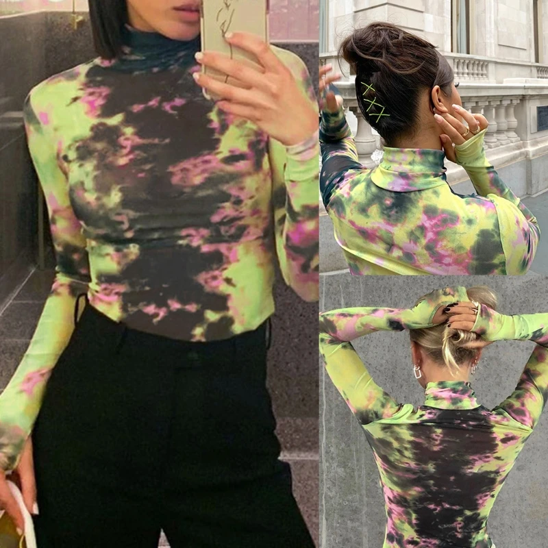 

Женская Осенняя Водолазка с длинным рукавом, цветная футболка с принтом в виде галстука-красителя, сексуальный укороченный топ, облегающий,...