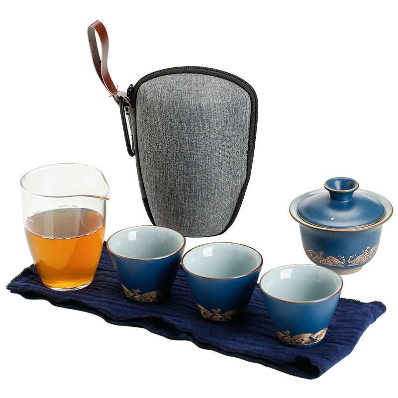 

Blue ceramic teapot gaiwan with 3 cups gaiwan tea sets portable travel tea sets drinkware