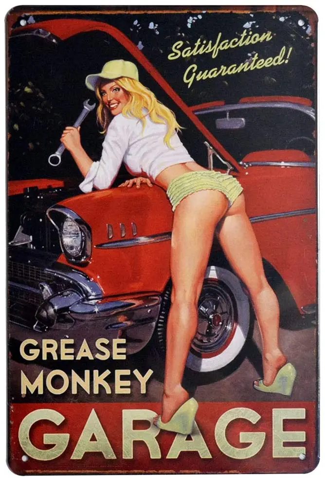 

Grease Monkey Sexy Girl Repairing Car Poster Tin Sign Metal Plaque Home Garage Auto Repair Shop Wall Decoration Retro Metal Sign
