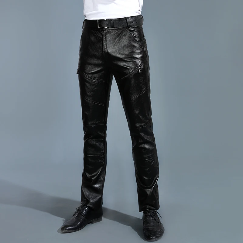 Genuine Leather Pants Men Real Sheepskin Classic Motorcycle Biker Male Trousers Autumn Winter Fleece Lined Thick Pants Plus Size