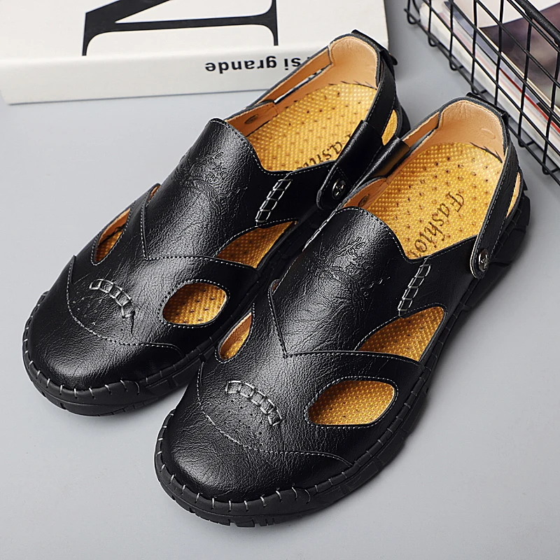 VRYHEID Summer New Genuine Leather Men Sandals Handmade Breathable Casual Flats Shoes Slip On Walking Big Size 38-50 | Обувь