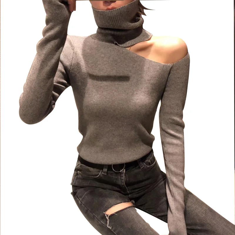 

Fashion Knitted Off Shoulder Pullovers Sweater for Women Long Sleeve Turtleneck Female Jumper Black White Gray Sexy Clothing Top