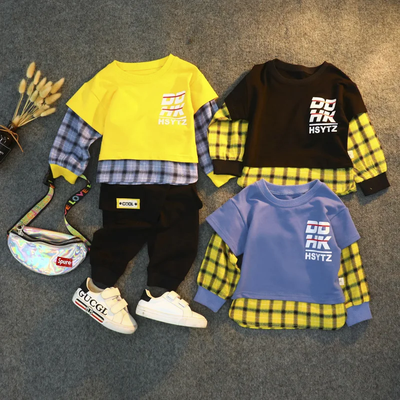 

2021 Spring Autumn New Children Clothing Plaid Stitching Baby Boys Long-sleeve Sweater Trousers 2pce Baby Girl Clothes 1-4 Years