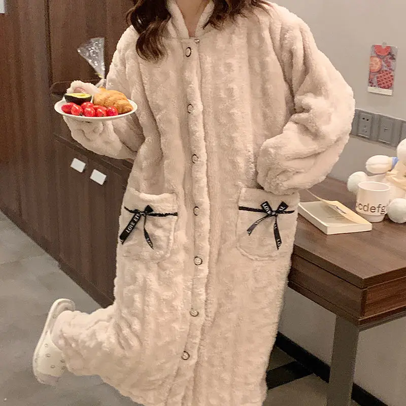 

Coral Fleece Pajamas Women's Autumn and Winter New Cute Thick Plush Lengthened Pajamas Loose Home Pajamas Set