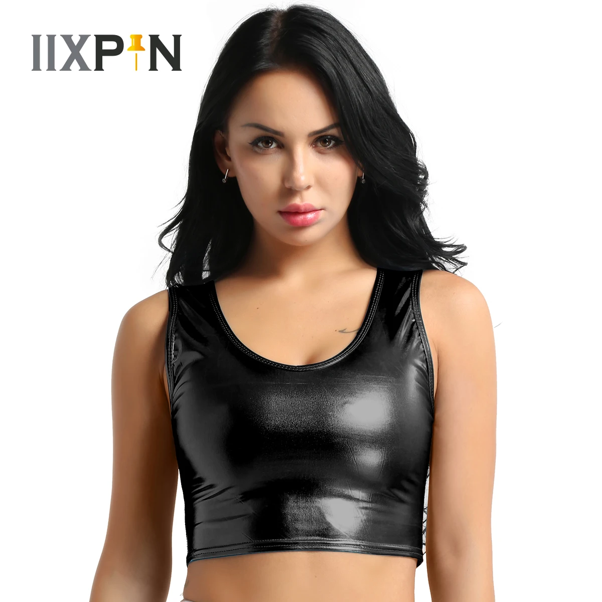 

Wetlook Hot Sexy Candy Color Crop Tops Scoop Neck Shiny Metallic Pole Dance Clubwear Rave Camisole Femme Exotic Tank Camis