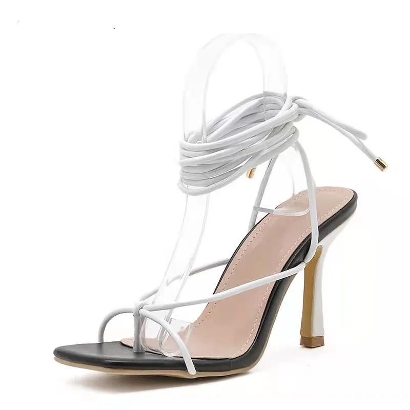 

2021 Women's High Heel Plus Size Sandals Women Sexy Heels Black White Straps Lace-Up Summer Fashion Party Shoes Ladies Footwear