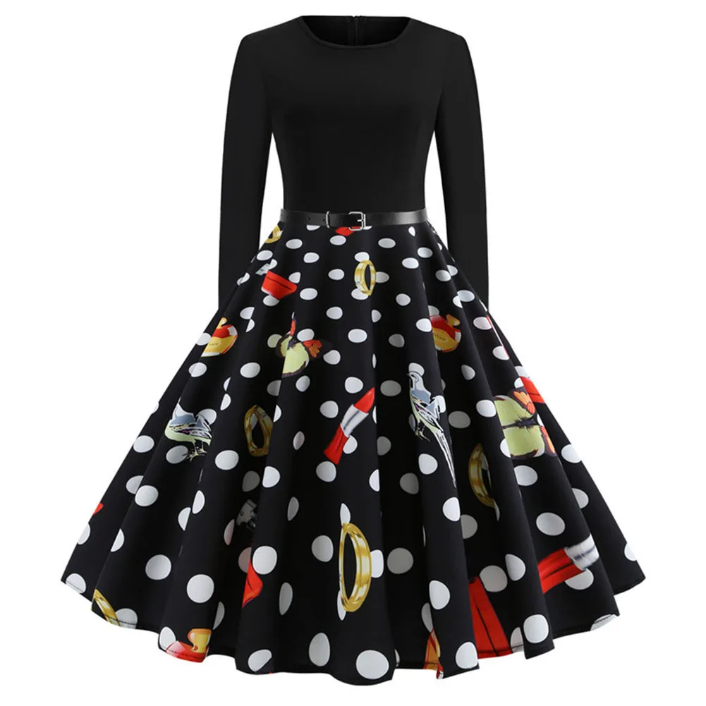 

New Retro Print Long Dress Winter Fashion Splicing Long-Sleeved Round Neck Pullover and Swinging Elegant Ladies Dress