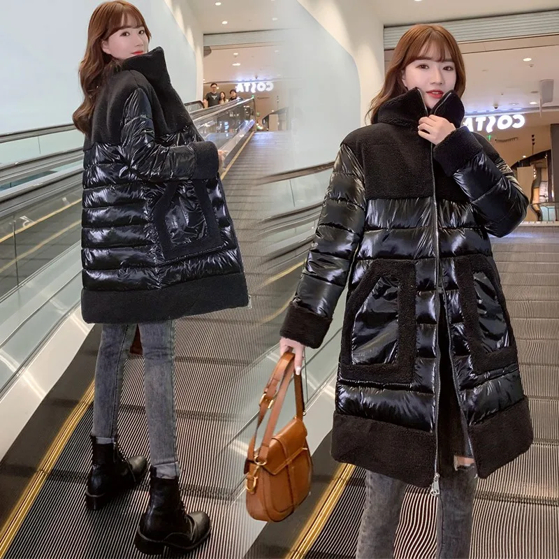 

2021 Winter Sheep Wool Fur Coats Ladies Sheep Shearing Warm Thicken Outwear Womens Down Cotton Jacket Stitching Velvet Long Coat