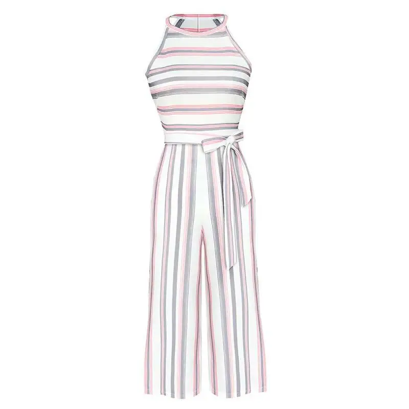 

Striped Jumpsuit Women Summer 2020 Overalls for Women Wide Leg Jumpsuit Long Romper Print Sleeveless Sexy Jumpsuit White
